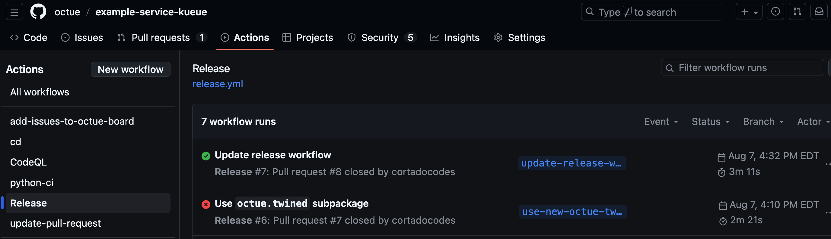 GitHub repository "Actions" tab